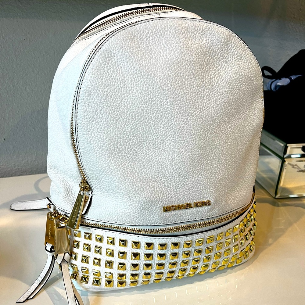 Michael Kors white backpack with gold accents